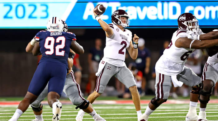 Sep 10, 2022; Tucson, Arizona, USA; Mississippi State Bulldogs quarterback Will Rogers (2) throws a pass during the first half against the Arizona Wildcats at Arizona Stadium.